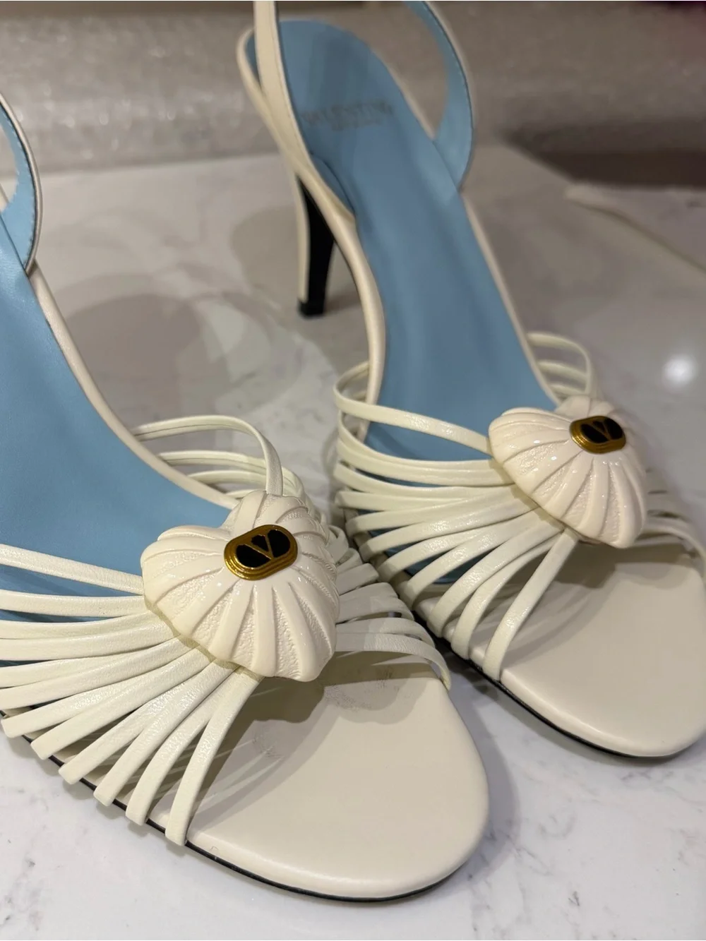 Ivory Strappy Slingback Heels with Heart Detail